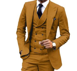 Slim fit bruin gele bruidegom smoking tuxedos piek revers groomsmen heren trouwjurk populaire man jas blazer 3 stuk pak (jas + broek + vest + stropdas) 1047