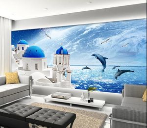 3d foto papel de parede personalizado 3d murais de parede papel de parede mediterrâneo amor mar noite cor golfinho gaivota mural fundo parede decoração da sua casa