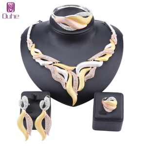 Fashion Bridal Crystal Jewelry Sets For Women Dubai Gold Necklace Earrings Bangle Ring Wedding Engagement Jewelry Set