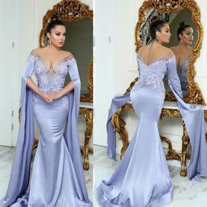 Dubai Caftan 2020 Lavendel Mermaid Evening Klänningar Lång Sexig Arabisk Applique Elegant Formell Prom Gown Backless Saudiarabien Vestido Longo
