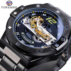 Forsining Classic Bridge Mechanical Watch Men Black Automatic Transparent Gear Full Steel Band Racing Male Sport Watches Relogio