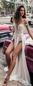 A 라인 웨딩 드레스 레이스 아플리케 신부 가운 더블 스플릿 화이트 아이보리 비치 Vestido de Casammero