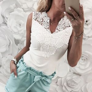 Wholesale-Summer Womens Tops And Blouses Sexy Sleeveless Lace Floral Shirts V-Neck Hollow Out Slim Fit Blouse Ladies Vest Tanktop Blusas