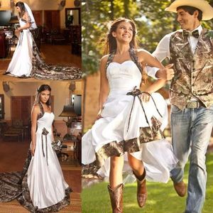 Vintage Country Realtree Camo Vit Bröllopsklänningar Halter Sweep Train Backless A-Line Billiga Plus Size Garden Bridal Wed Gowns Custom Made