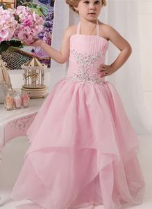 Pink Birthday Party Flower Girl Dress A-Line Beaded Fluffy Aplikacja Tulle Rękawów Girls Korowód Suknie Komunia Świętego