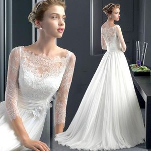 Custom Scoop Neck Lace Wedding Dresses 2020 with Long Sleeves Chiffon Sweep Train A Line Wedding Bridal Gowns