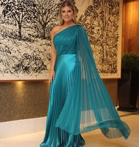 Setwell One Shoulder A-Line Evening Dresses Ruched Plus Size Muslim Floor Length Prom Party Gowns With Cape