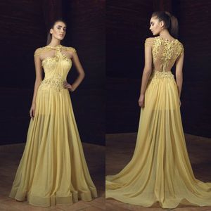 Elegante uma linha luz amarela vestidos de baile de jóias laço applique beads desenhista vestido de noite com babados vestidos nupciais sexy