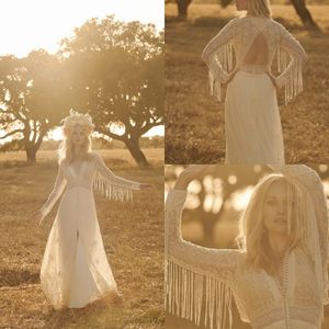 2020 Rembo Styling Bohemian V Neck Long Sleeve Front Split Hollow Wedding Dresses Tassel Lace Tulle Wedding Gown Sweep Train robe de mariée