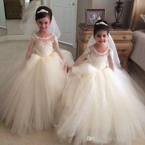 Jewel Ball Gown Lace Applique Tulle Cute Beautiful Long Sleeves Wedding Dresses Flower Girl Dresses Pageant Dress