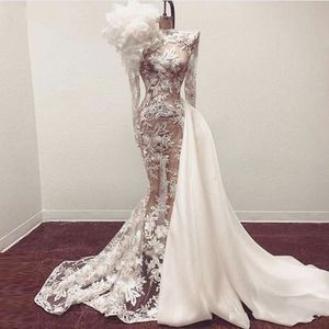 Zobacz Syrenki Suknie Wieczorowe z odłączaną spódnicą Sheer z długim rękawem Sukienka Flowers Appliqued Sexy Vestidos de Pagewant Suknie