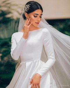 Cheap Modest Long Sleeves Satin Wedding Dresses Bateau Neck Sweep Train Long Sleeves Plus Size Country Bridal Gowns Vestidos De No272n
