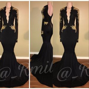 Sexy Black Prom Dresses Deep V Neck With Gold Lace Appliques Mermaid Long Sleeves Backless African Sweep Train Vestidos Evening Party Gowns