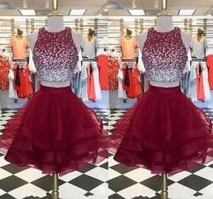 New Short Burgundy Prom Dress 2019 Two Pieces Jewel Neck Bling Beaded Bodice Ruffles Skirts Organza Homecoming Party Dresses Gowns269E