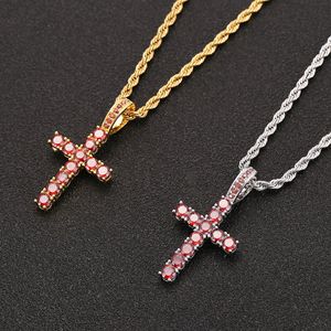 Iced Out Rote Steine Kreuz Anhänger Halskette Männer Frauen Mikro Gepflastert CZ Hip Hop Gold Silber Farbe Schmuck Geschenk