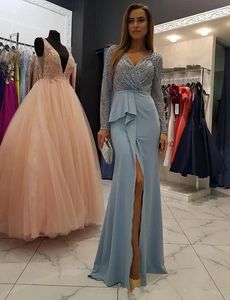 New Mermaid Evening Dresses V Neck Long Sleeves Sweep Train Major Beaded Prom Party Dresses Formal Evening Gowns Vestido De Noche Q83