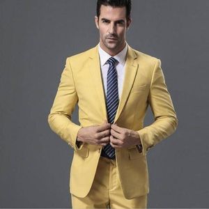 Тонкий Подходит Человек Деловые костюмы желтого золота Groom Tuxedos Мужчины Пром партии пальто Брюки наборы (куртка + брюки + галстук) K26