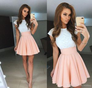 2019 Cheap White Pink Short Homecoming Dress A Line Lace Satin Mini Juniors Sweet 15 Laurea Cocktail Party Dress Plus Size Custom Made