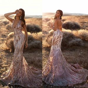 Arabska świecko syrenka balki sukienki sexy głębokie V Neck Backless Evening Suknie Gold Aplikacje Formalna Partia Runway Moda Sukienka
