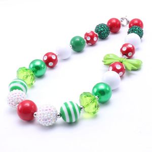 Newest Christmas Style Green Bow Kid Chunky Necklace Fashion Toddlers Girls Bubblegum Bead Chunky Necklace Jewelry Gift For Children