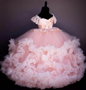 New Arrival Flower Girl Sukienki Zroszony Ręcznie Ręcznie Made Flower Communion Sukienka Lace Up Ball Suknie dla Dzieci