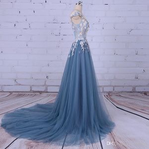 Party Evening Dress for Woman Scoop A-Line Decorated with Flower Tull Blue Prom Dress for Graduation vestido de festa 2019254s