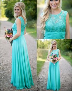 2020 Bridesmaids Dresses for Wedding New Teal Country Bridesmaid Dresses Scoop A Line Chiffon Lace V Backless Long Cheap