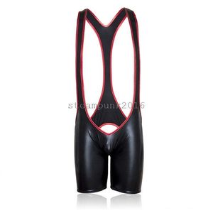 Esaret sıcak erkekler patent deri güreşçi singlet mankini bodysuit şort sırtsız tanga au65
