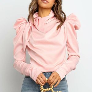 Womens Satin tops Stand Collar Longo Puff Sleeve Outwear Camisa Blusa Plissada Tops Primavera Cor Sólida Manga Longa Camisa Curva 2020