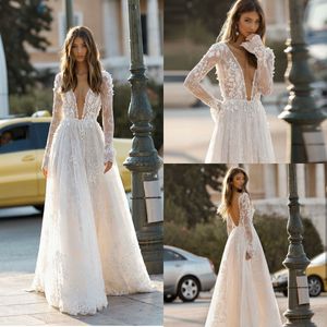 Berta 2019 Beach Wedding Dresses Lace Long Sleeve 3D Floral Appliques Tulle Plus Size Wedding Dress Backless Bridal Gowns Custom Made