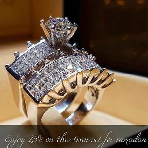 Handgjorda Princess Promise Ring Sets 925 Sterling Silver Diamond Engagement Bröllop Band Ringar för Kvinnor Män Smycken Gift