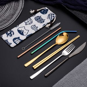 Couverts en acier inoxydable coloré Rainbow Set plaqué vaisselle Creative dîner Set couteau fourchette réutilisable Chopsticks Pouch