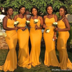 Svarta tjejer gul sexiga sjöjungfrun brudtärna klänningar spaghetti band lång fest prom klänning golv längd speciellt tillfälle klänning anpassad
