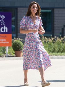 Kate Middleton Princess Floral Flower Print Maxi Dress Women V-Neck Klänningar