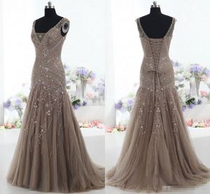 Actual Images Vintage Mother of the Bride Dresses Mermaid V Neck Applique Beads Tulle Corset Custom Mother Party Dresses Evening Gowns