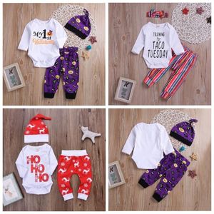 Kids Designer Clothes Girls Halloween Boże Narodzenie Zestawy Odzież Letter Romper Spodnie Hat Stroje Kapeluszowe Długie Rękaw Dzień Święto Dziękczynienia B6112