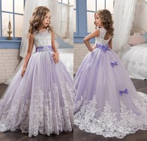 New Lavender Ball Gown Flower Girls Dresses Lace Applique Beads Sequined Jewel Neck Tulle Sashes Kids Dress First Holy Communion Dresses