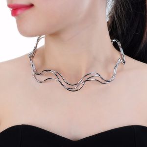 Fashion-Fashion Gold Silver Wave Chain Solid Alloy Bib Choker Statement Halsband Smycken