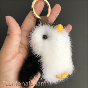 Bonito real Genuine Fur PenguinToy boneca Pompom Bola encanto do saco Keychain Pendant Chaveiro