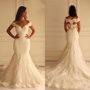 Stunning Plus Size Mermaid Wedding Dresses Fit and Flare Lace Appliqued Bridal Gowns V Neck Off the Shoulder Custom Made