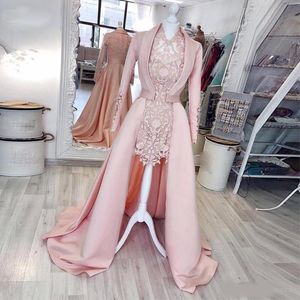 2 sztuki różowa osłonę krótkie suknie wieczorowe z płaszczem V Neck z długim rękawem pełne koronkowe suknie Party Satin Damska Specjalna okazja Dress