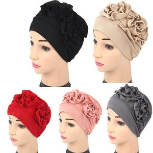 Enrole Cap Inverno mulheres muçulmanas Ruffle Chemo menina Hat Beanie Scarf Turban Chefe Polyester Casual flor fêmea Skullies Gorros