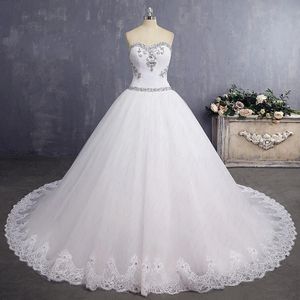 Romantic A-line Wedding Dresses Chapel Train Strapless Pleated Crystal Beads Lace Applique Boho Wedding Dress Bridal Party Gowns Long