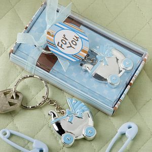 50st Baby Boy Shower Favors Blue Baby Carriage Keychain Nyfödd dopdop Första nattvardsgången Giveaways gåva