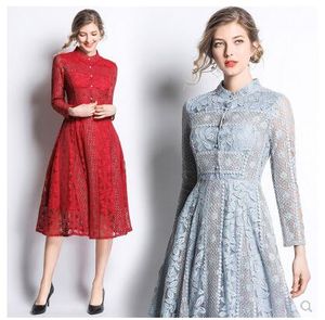 New design women's stand collar single breasted long sleeve lace embroidery floral high waist midi long dress vestidos