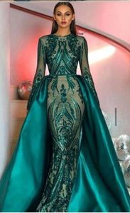 Eleganta långa ärmar paljetter mönster sjöjungfru formell kväll klänning golv längd kvinnor muslim prom klänning skräddarsydda