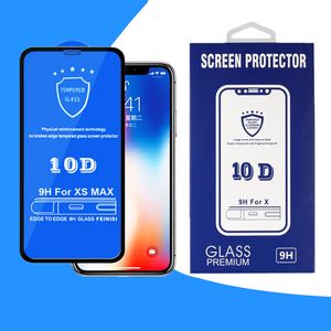 Addensare la protezione dello schermo a copertura totale 10D per iPhone 13 12 mini 11 Pro XS Max XR 8 7 6 Plus Imballaggio al dettaglio in vetro temperato con bordo curvo