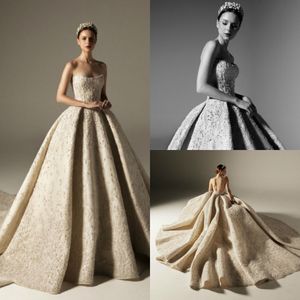 Lyxig 2019 Krikor Jabotian Bröllopsklänningar Strapless Lace Pärlor Kristaller Kapell Brudklänningar Plus Storlek Bröllopsklänning Robe de Mariée Custom