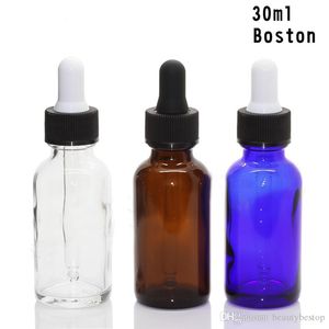 480pcs/Los Amber Clear Blue Blue Boston Glass Dropper Flaschen 30 ml mit kindlicher Kappe E Flüssigkeit E Juice ätherische Öle Flaschen in Vorräten