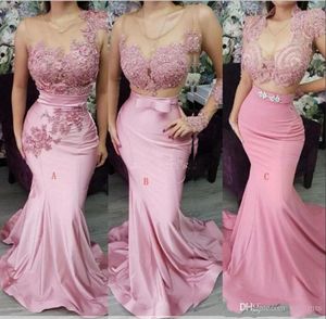 Nowe Różowe Suknie Wieczorowe Nosić Illusion Neck Syrenka Koronki Kryształ Zroszony Sashes Sheer Back Z Zipper Długi pociąg Plus Size Prom Party Suknie